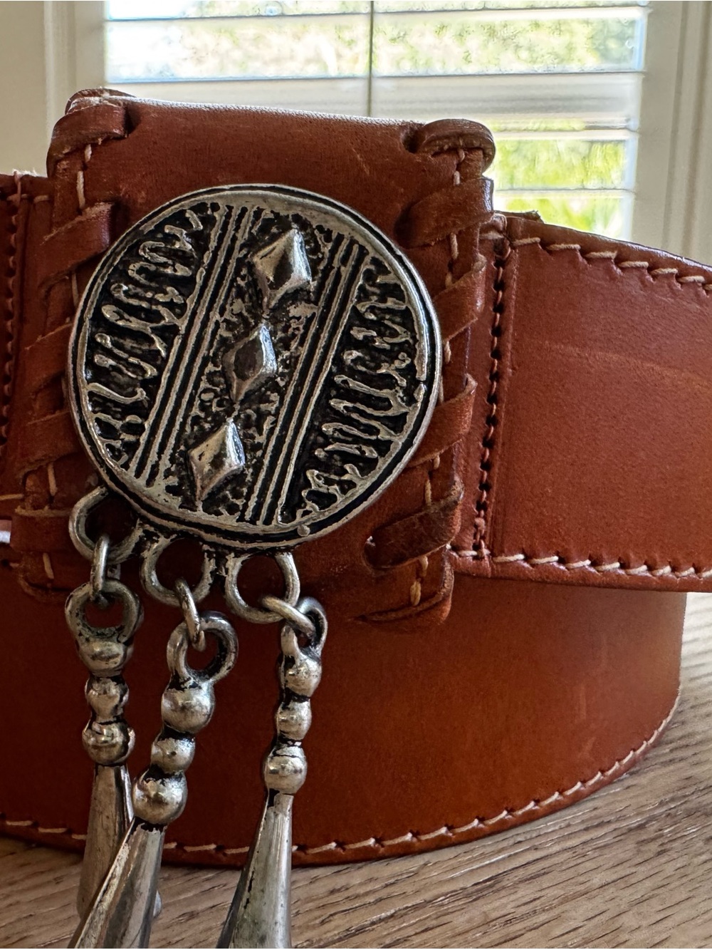 Brown Leather womens Belt with Silver Western Concho 33” vintage